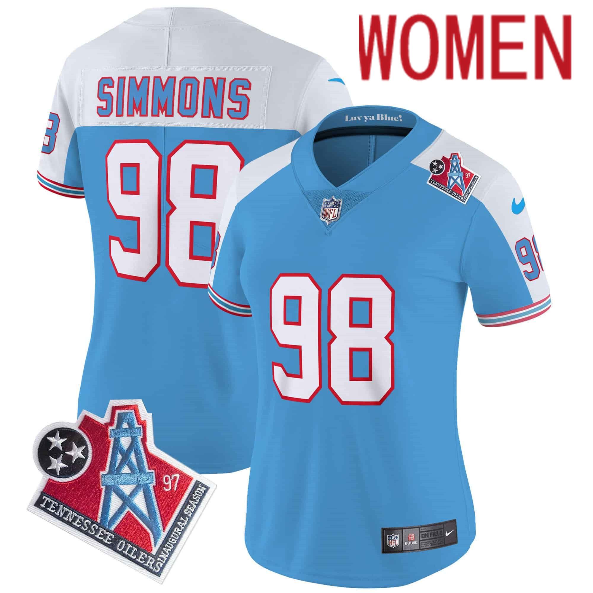 Women Tennessee Titans #98 Simmons Light Blue 1997 Throwback 2024 Nike Limited Vapor NFL Jersey style 1->women nfl jersey->Women Jersey